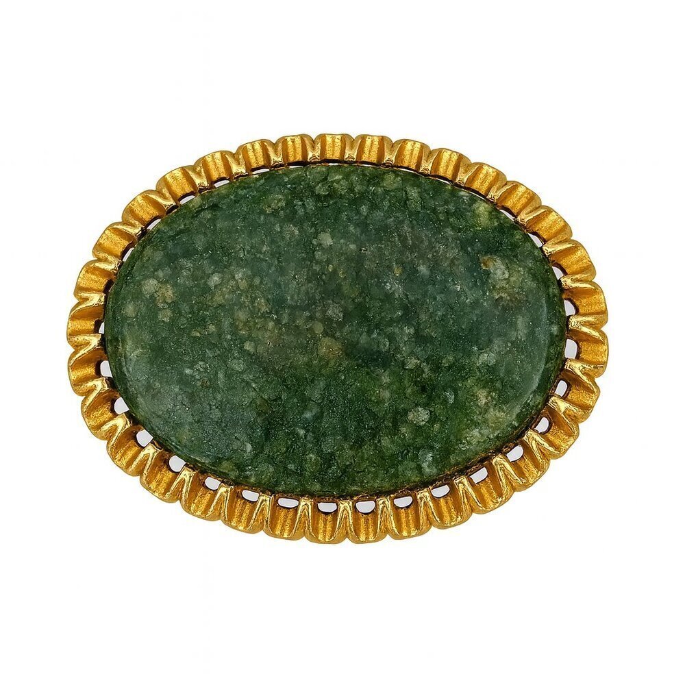 Vintage Large Jade Oval Ruffle Edge Gold Tone Brooch Pin
